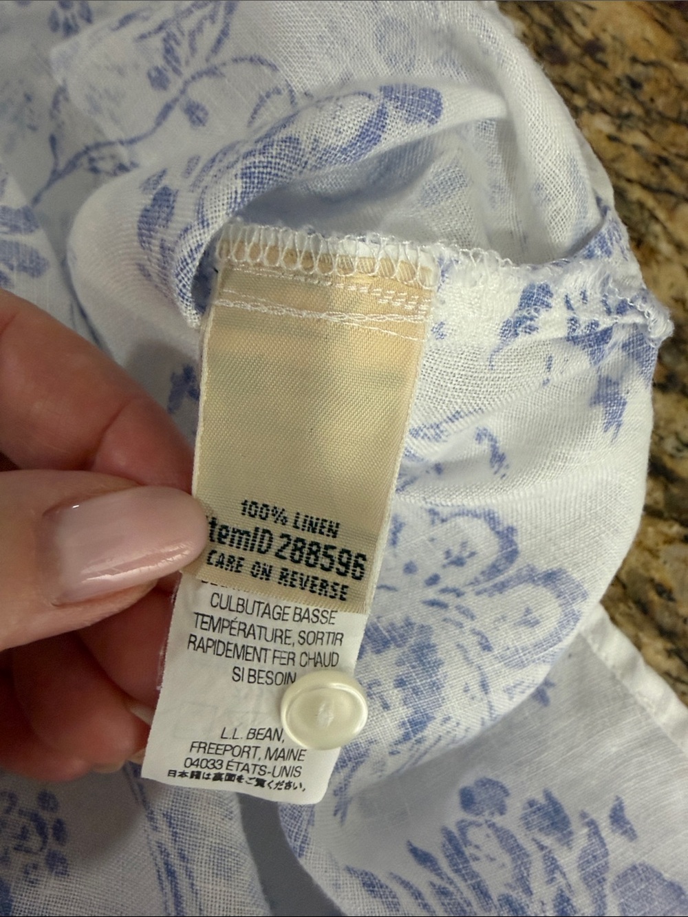 L.L.Bean 100% Linen Floral Button Front Blouse Blue White XL Mandarin Collar - Picture 9 of 12